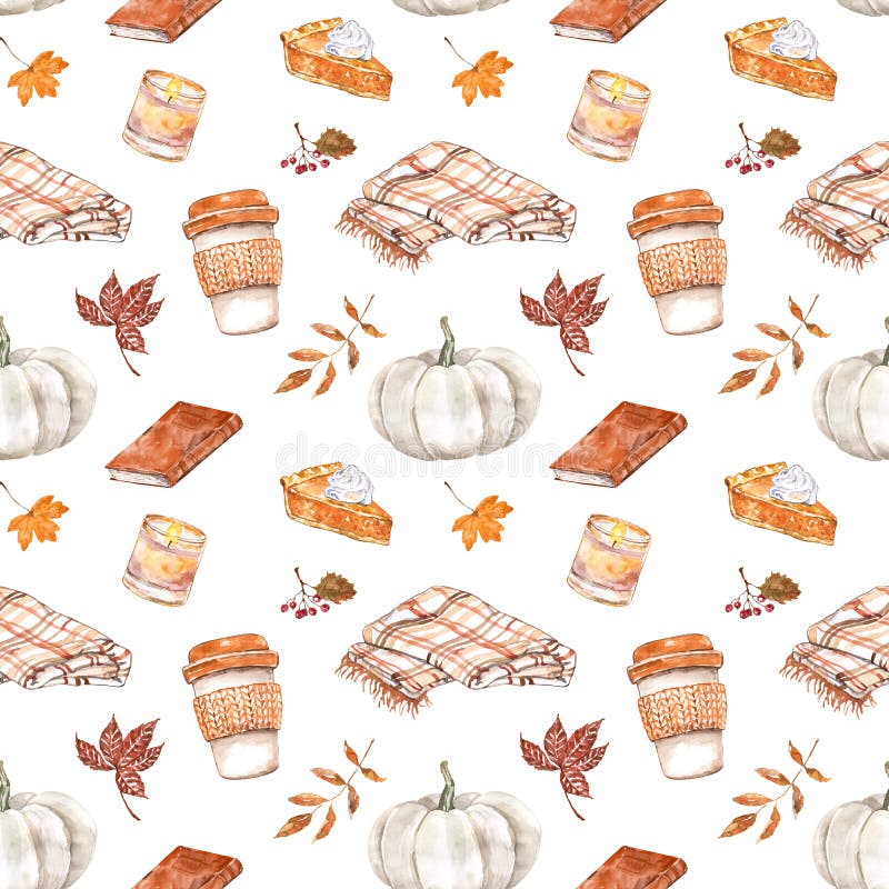 Fall season themed seamless pattern. Pumpkin spice latte coffee cup, pie, warm blanket, candle, pastel pumpkin, leaves on white
