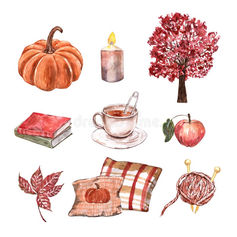 Fall watercolor illustration set. Pumpkin, pillow, maple tree, candle and leaf. Warm orange and red color palette