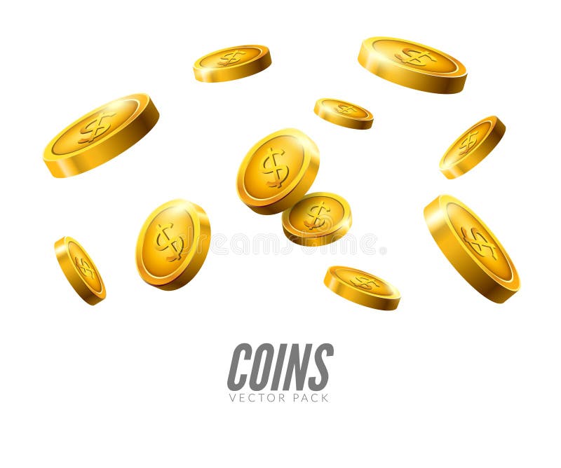 Falla för guld- mynt realistiskt mynt för vektor som 3d isoleras på vit Pengarkassabakgrund