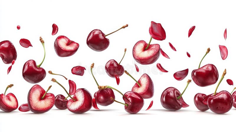 Fallande färska körsbär med petals generative ai royaltyfri illustrationer