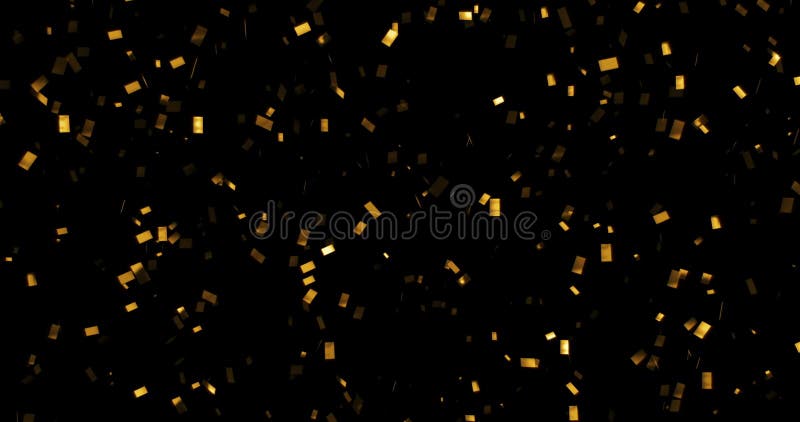 Fallande guld blänker foliekonfettier, rörelse för animering 3d på svart bakgrund