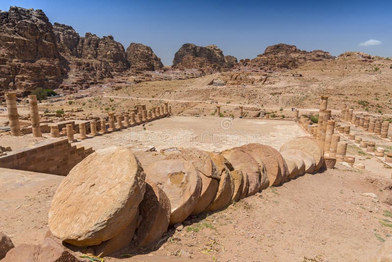 Fallen columns at Great Temple Nabataean ancient town Petra, Jordan.