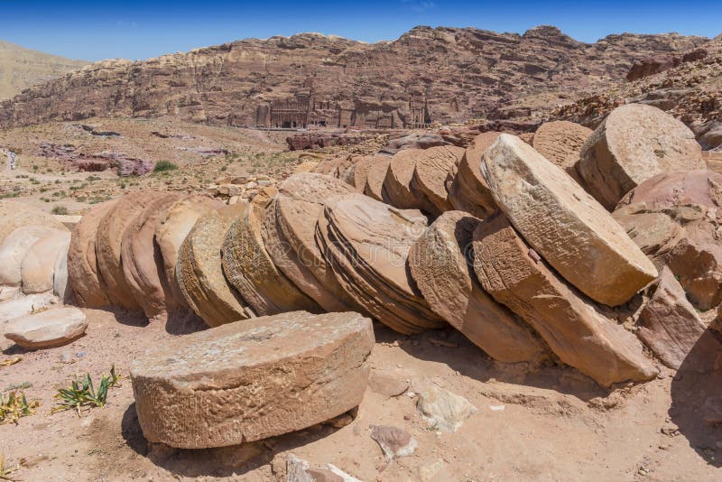 Fallen columns at Great Temple Nabataean ancient town Petra, Jordan.