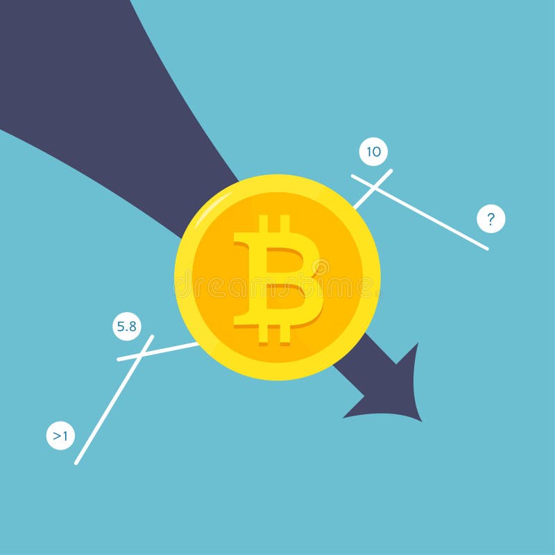 The Fallen In Price Bitcoin Flying Down On Red Arrow. Bankrupt Bitcoin. stock illustration The Fallen In Price Bitcoin Flying Down On Red Arrow. Bankrupt Bitcoin. stock illustration