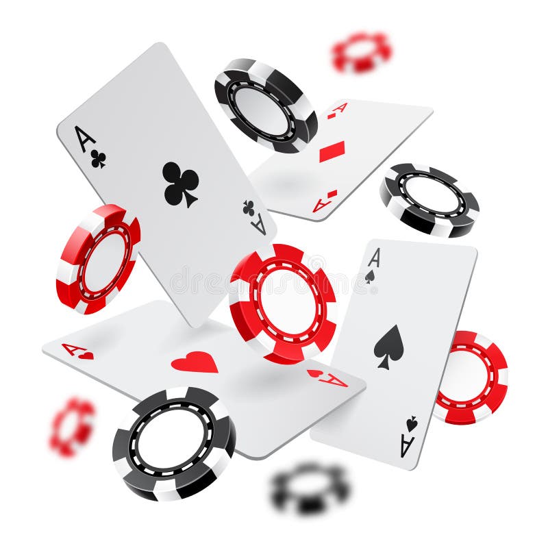 Falling aces and casino chips with blurred elements on white background. Playing cards, red and black money chips fly