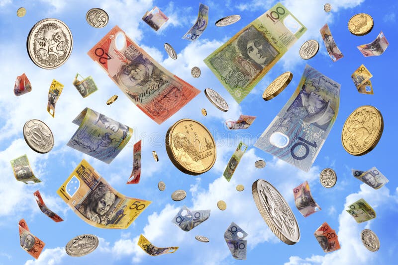 Australian money notes and coins falling through a blue cloudy sky. Golden poker illustrations