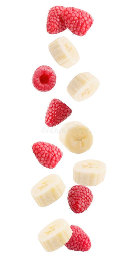 Falling banana and raspberries isolated on white background