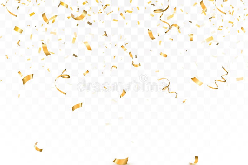 Falling bright Gold Glitter confetti celebration, serpentine isolated on transparent background. New year, birthday