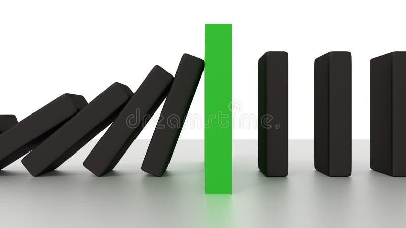 Falling Domino Row With Green Stop Piece On The Desk stock photography Falling Domino Row With Green Stop Piece On The Desk stock photography