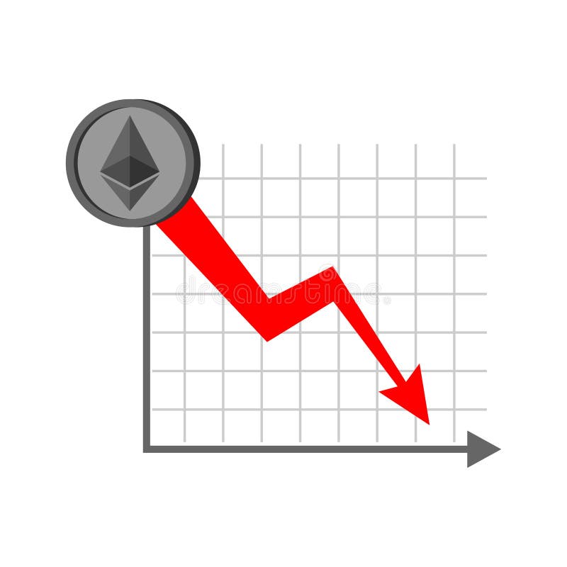 Falling etherium graph. Decrease in Cryptocurrency. Virtual money. Vector illustration. Coin decrease vectors