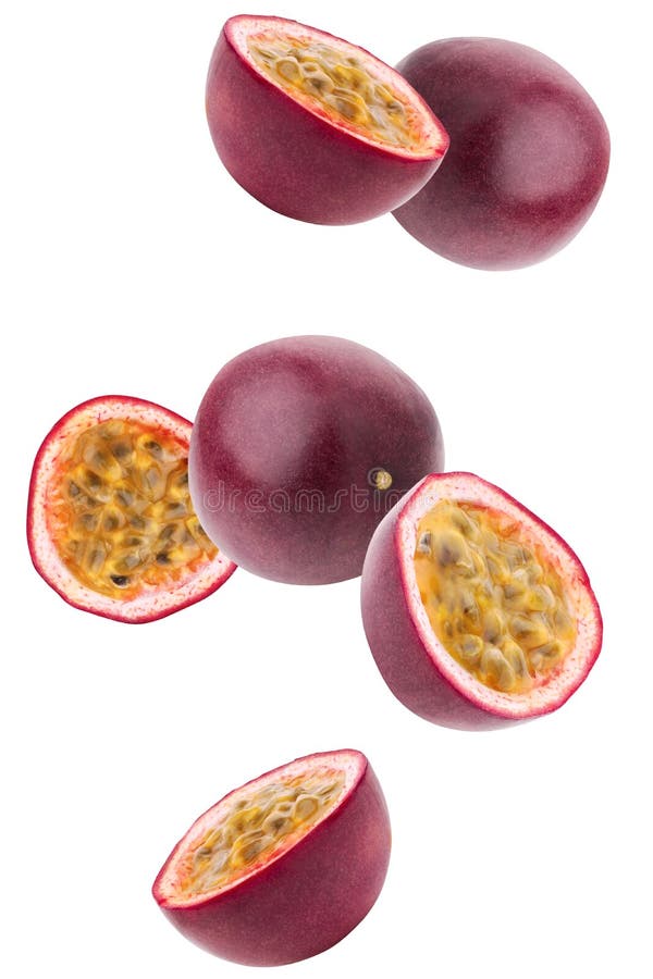 Falling (flying) Passion Fruit Isolated on a White Background with a