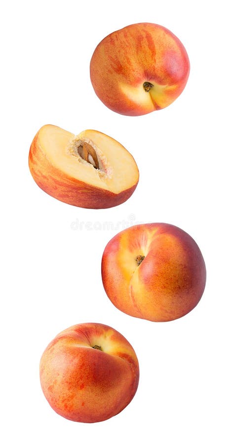 Falling fresh peaches isolated on white background royalty free stock photos