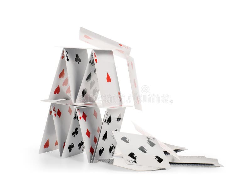 Falling house of cards isolated with clipping path stock photo Falling house of cards isolated with clipping path stock photo
