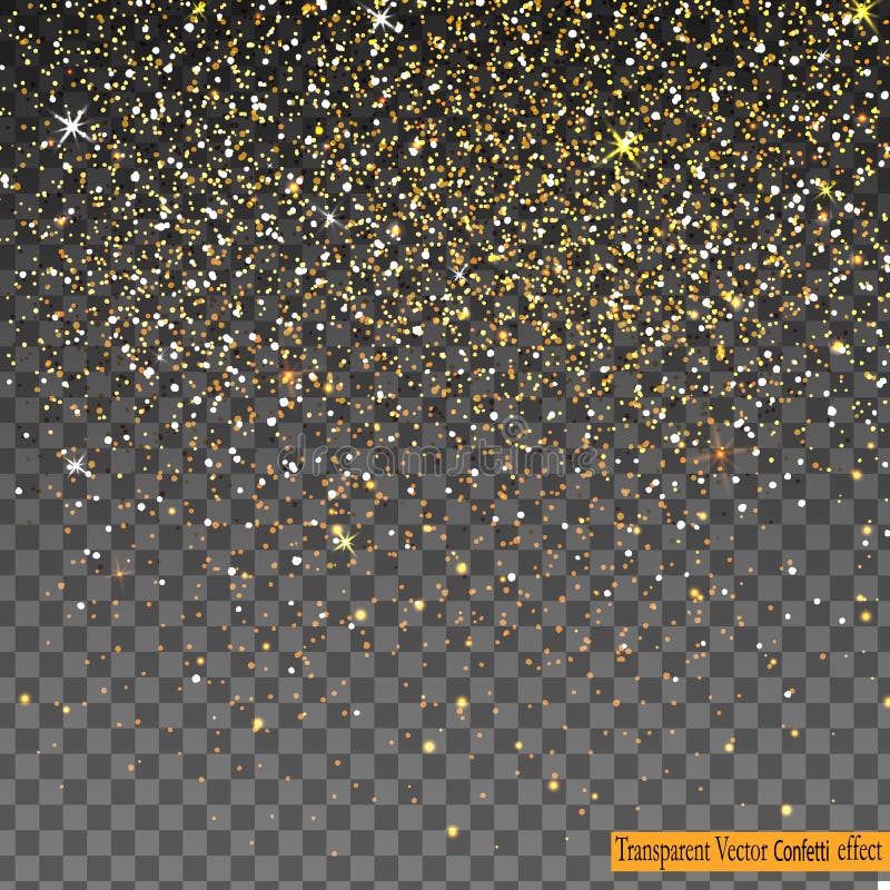 Gold glitter spray on transparent background. Glowing drops in