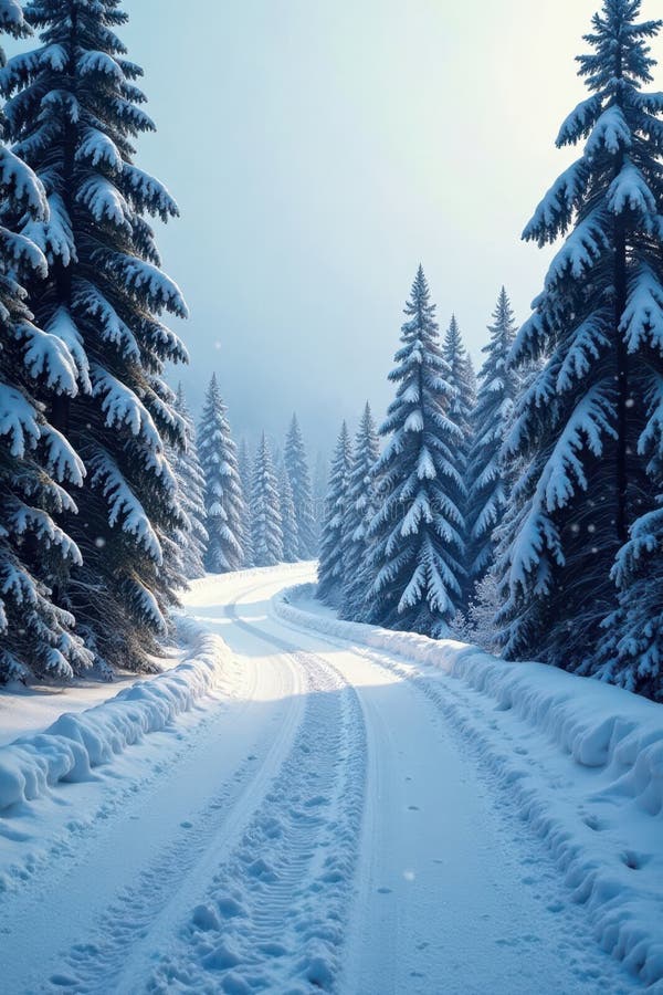 Falling snow blankets a winding highway through a snow covered forest , frozen, pine trees, scenic royalty free illustration