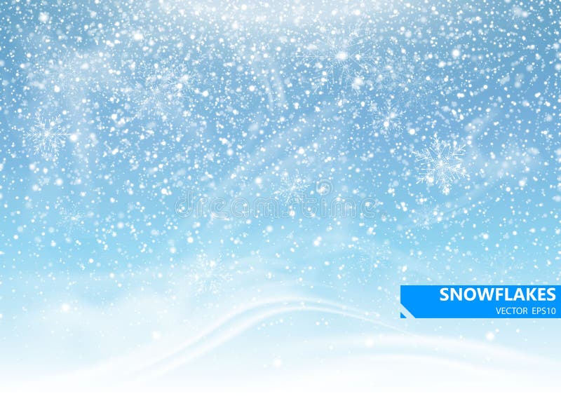 Falling snow on a blue background. Snowstorm and snowflakes. Background for winter holidays. Vector