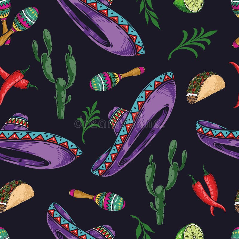 Barvitý starodávný bezešvý vzor padající purpurová sombrera,, papriky, kaktusy,, vápno a větvičky na černém pozadí, vektor ilustrace.