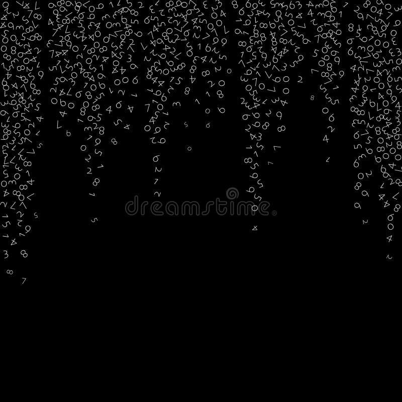 Fallnummer stort databegrepp. binära vita oordnade flygande siffror. exotisk futuristisk banderoll på svart bakgrund. digital illustration med fallande siffror.