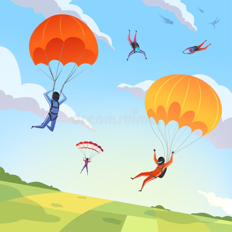 Parachute jumpers sky. Extreme sport hobbies adrenaline character flying action pose skydiving paraplanners vector cartoon background. Skydiving extreme, jumper parachuting illustration. Parachute jumpers sky. Extreme sport hobbies adrenaline character flying action pose skydiving paraplanners vector cartoon background. Skydiving extreme, jumper parachuting illustration