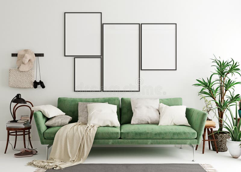Falsk övre affischram i olivgrön grön modern inre bakgrund, vardagsrum, skandinavisk stil stock illustrationer