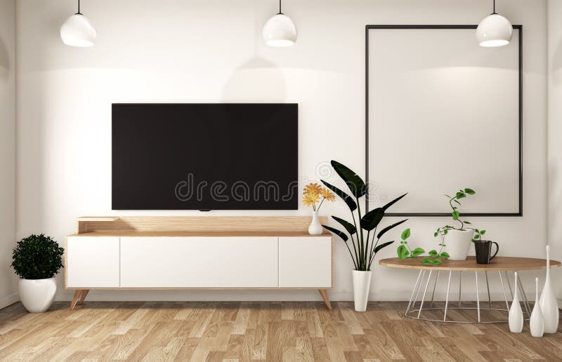 Falskt övre tvkabinett i japanskt modernt tomt rum - zenstil, minsta designer renderingMock 3D upp royaltyfri illustrationer Falskt övre tvkabinett i japanskt modernt tomt rum - zenstil, minsta designer renderingMock 3D upp royaltyfri illustrationer