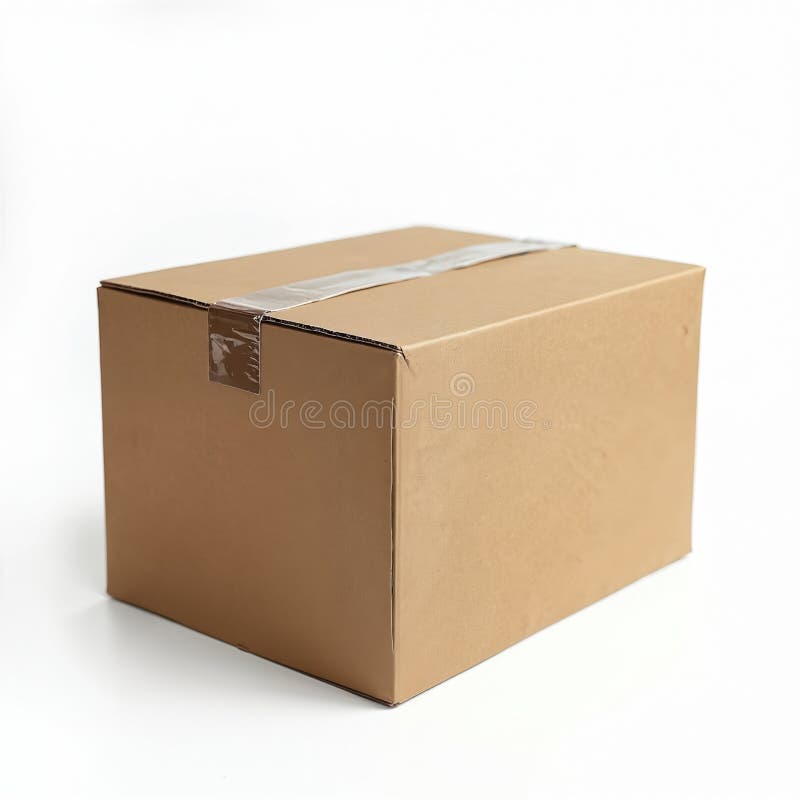 Faltschachtel mit Klebeband auf weißem Hintergrund. Kartonverpackung für Umlagerung oder Lagerung. Brauner Behälter für lizenzfreie abbildung