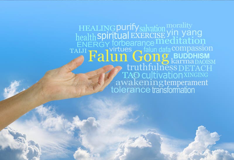 Female hand with open palm reaching up to the words FALUN GONG surrounded by a relevant word cloud on a blue sky background. Female hand with open palm reaching up to the words FALUN GONG surrounded by a relevant word cloud on a blue sky background