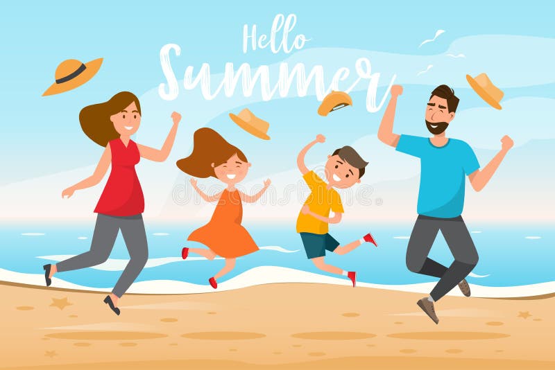 Fam?lia feliz O pai, a mãe, o filho e a filha saltam junto com a viagem do verão ilustração do vetor Fam?lia feliz O pai, a mãe, o filho e a filha saltam junto com a viagem do verão ilustração do vetor