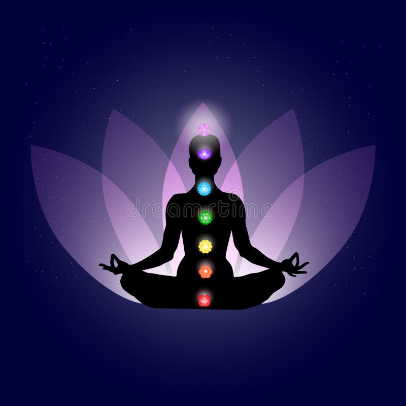 Famale kropp i yogaassana med sju chakras i glänsande neonfärger på försiktigt purpurfärgade lotusblommakronblad och mörker - blå stock illustrationer Famale kropp i yogaassana med sju chakras i glänsande neonfärger på försiktigt purpurfärgade lotusblommakronblad och mörker - blå stock illustrationer
