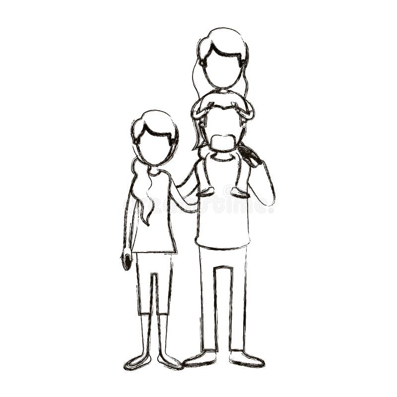 Famiglia anonima vaga di caricatura della siluetta con la madre ed il padre con i baffi e ragazza sul suo indietro illustrazione vettoriale Famiglia anonima vaga di caricatura della siluetta con la madre ed il padre con i baffi e ragazza sul suo indietro illustrazione vettoriale