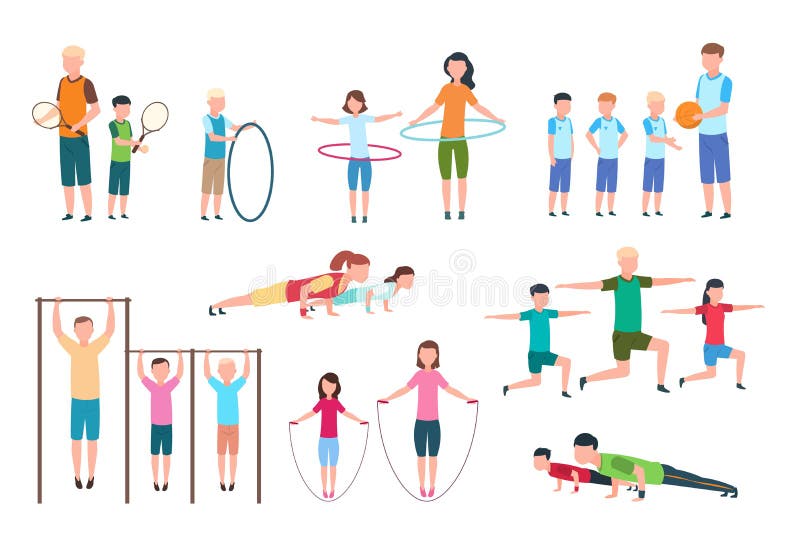 Famiglia attiva La gente, bambini che fanno gli esercizi di forma fisica Caratteri piani di vettore di stile di vita di sport royalty illustrazione gratis Famiglia attiva La gente, bambini che fanno gli esercizi di forma fisica Caratteri piani di vettore di stile di vita di sport royalty illustrazione gratis