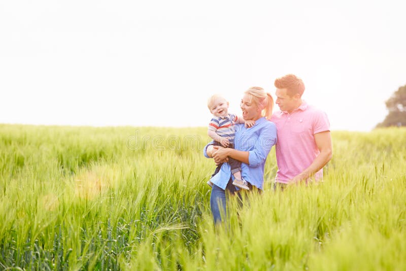 Famiglia che cammina nel campo che porta il giovane figlio del bambino immagine stock Famiglia che cammina nel campo che porta il giovane figlio del bambino immagine stock