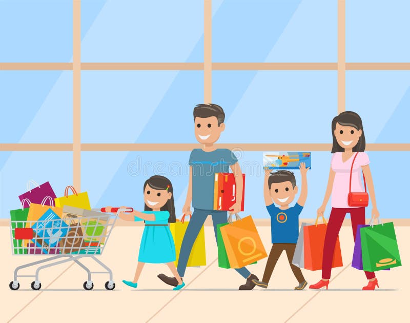 Famiglia con due bambini che fanno vettore degli acquisti illustrazione vettoriale Famiglia con due bambini che fanno vettore degli acquisti illustrazione vettoriale