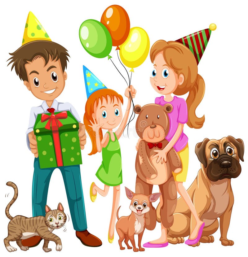 Famiglia con il derivato e molti animali domestici illustrazione vettoriale Famiglia con il derivato e molti animali domestici illustrazione vettoriale