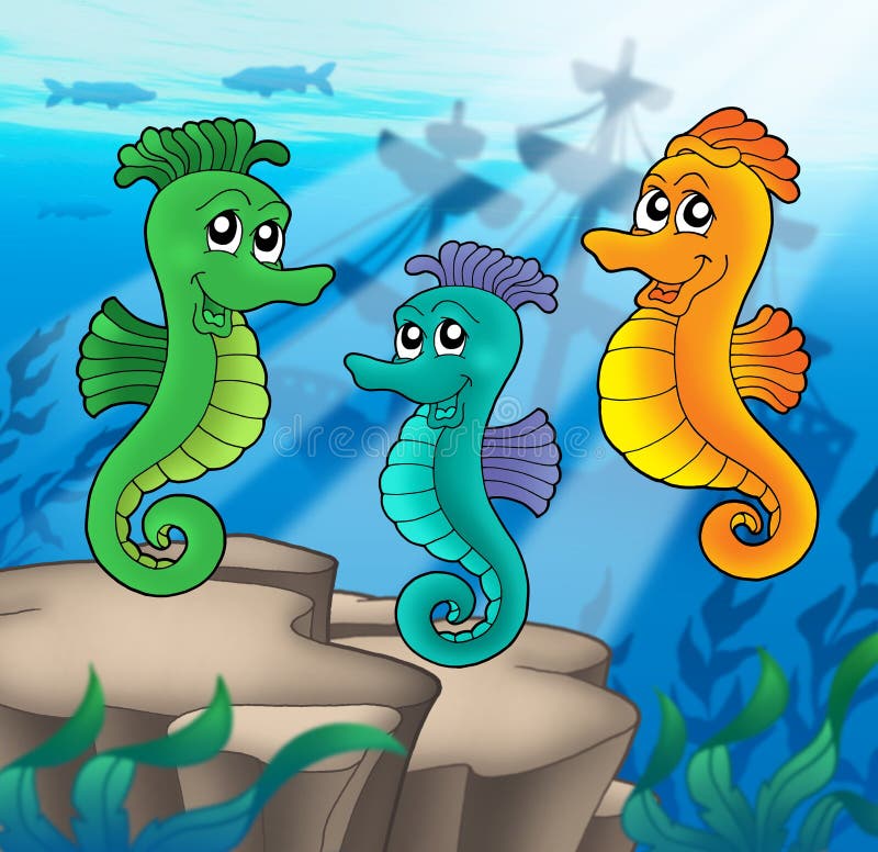 Famiglia dei cavalli di mare con il naufragio royalty illustrazione gratis Famiglia dei cavalli di mare con il naufragio royalty illustrazione gratis