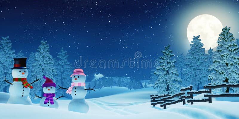 Famiglia del pupazzo di neve in un paesaggio illuminato dalla luna di inverno alla notte