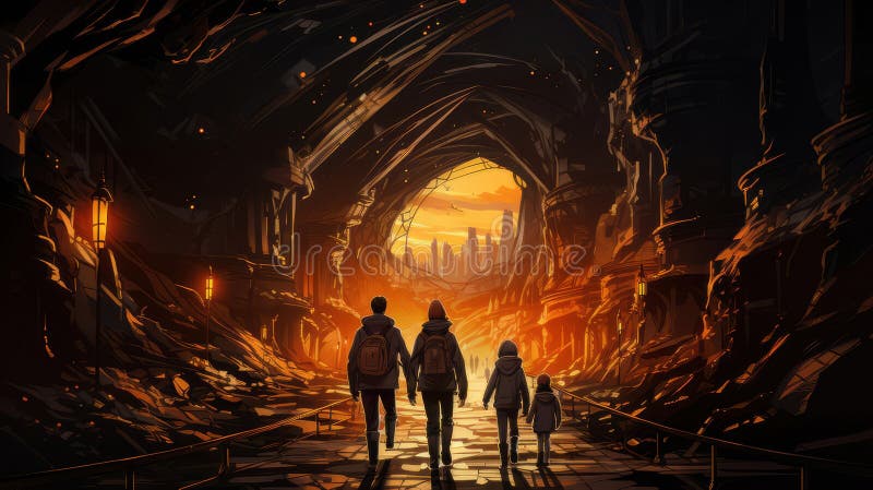 Famiglia di turisti che esplorano misteriose grotte al tramonto con skyline in sottofondo illustrazione vettoriale