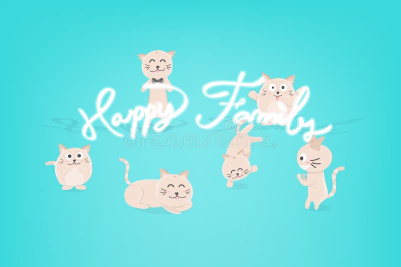 Famiglia felice, carattere divertente del gattino sveglio, animale adorabile, illustrazione di vettore del fondo di festa della r illustrazione di stock Famiglia felice, carattere divertente del gattino sveglio, animale adorabile, illustrazione di vettore del fondo di festa della r illustrazione di stock