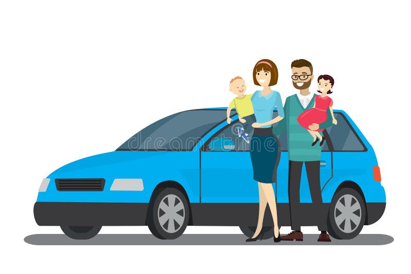 Famiglia felice del fumetto ed automobile blu, isolate su fondo bianco illustrazione di stock Famiglia felice del fumetto ed automobile blu, isolate su fondo bianco illustrazione di stock