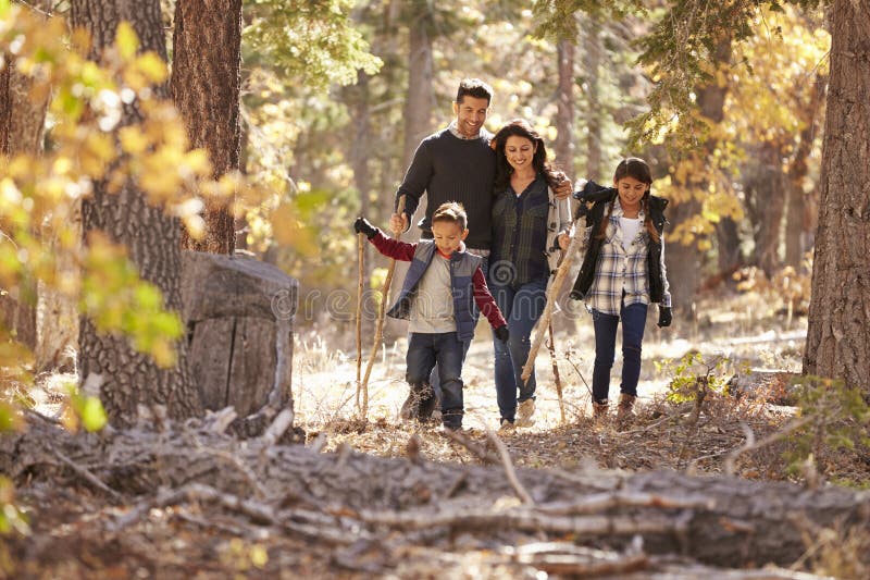 Famiglia ispana felice con due bambini che camminano in una foresta fotografia stock