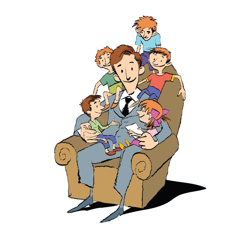 Famiglia numerosa, papà in una sedia con i bambini royalty illustrazione gratis Famiglia numerosa, papà in una sedia con i bambini royalty illustrazione gratis