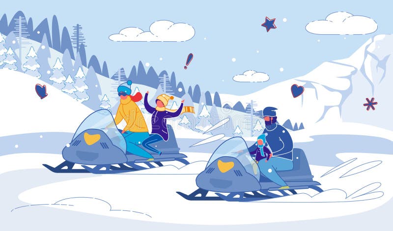 Famiglia Snowmobile Winter Races Joy with Children