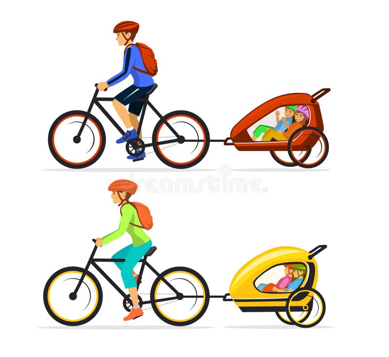 Famiglia, uomo e donna con il loro suo riciclaggio di viaggio dei bambini insieme ai rimorchi dei bambini illustrazione di stock Famiglia, uomo e donna con il loro suo riciclaggio di viaggio dei bambini insieme ai rimorchi dei bambini illustrazione di stock
