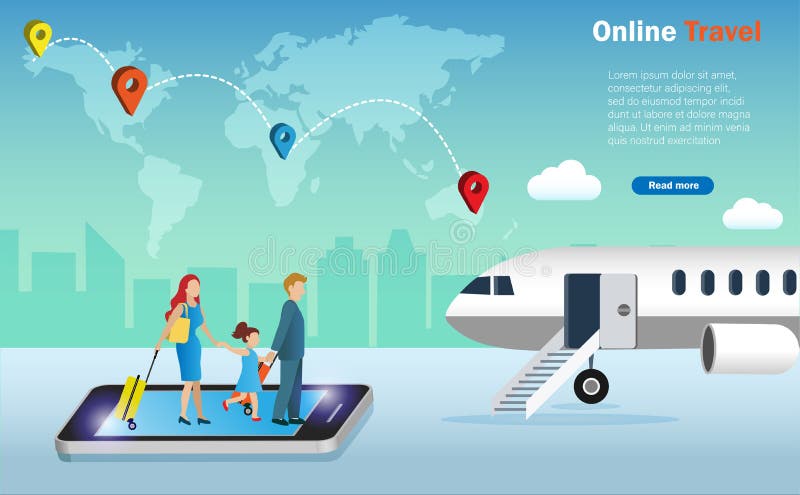 Famiglie e bambini che trasportano i bagagli sullo schermo di uno smartphone che viaggiano all'estero in aereo con la mappa del mo