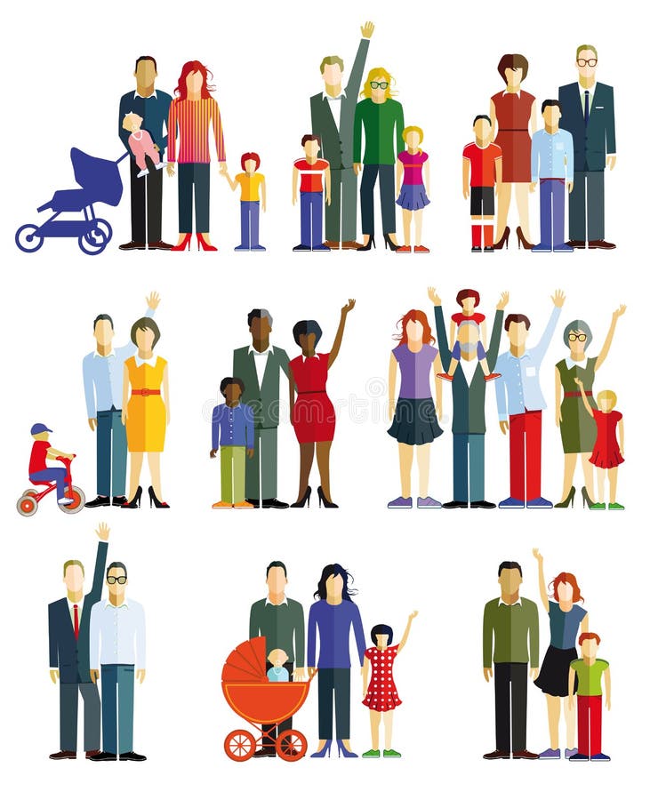 Colorful banner style illustration of families, some with children, others with babies and a gay couple and including prams and a tricycle, white background. Colorful banner style illustration of families, some with children, others with babies and a gay couple and including prams and a tricycle, white background.