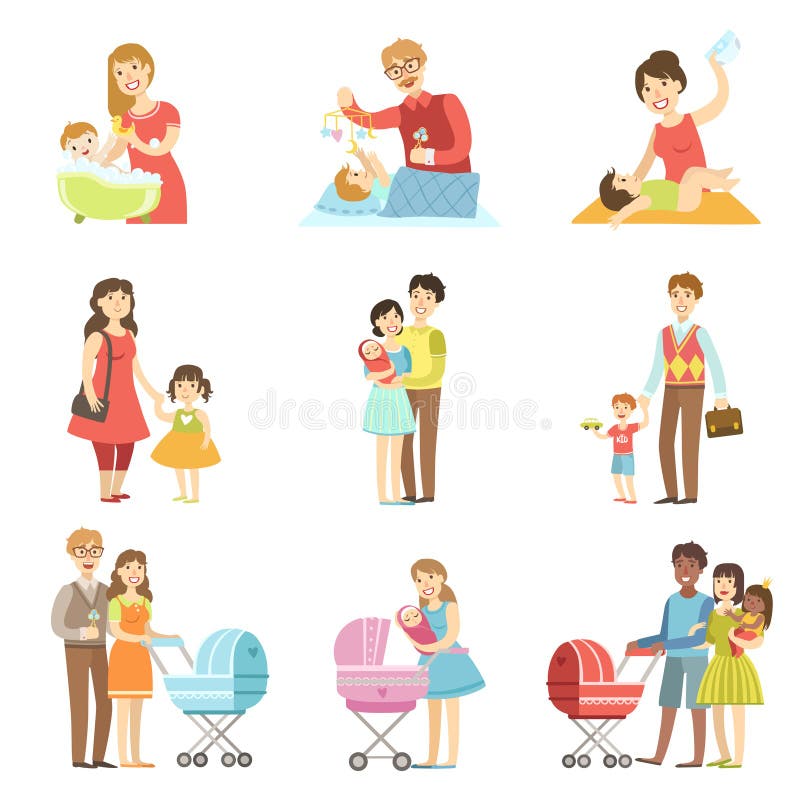 Famiglie felici con i bambini ed i bambini illustrazione vettoriale Famiglie felici con i bambini ed i bambini illustrazione vettoriale