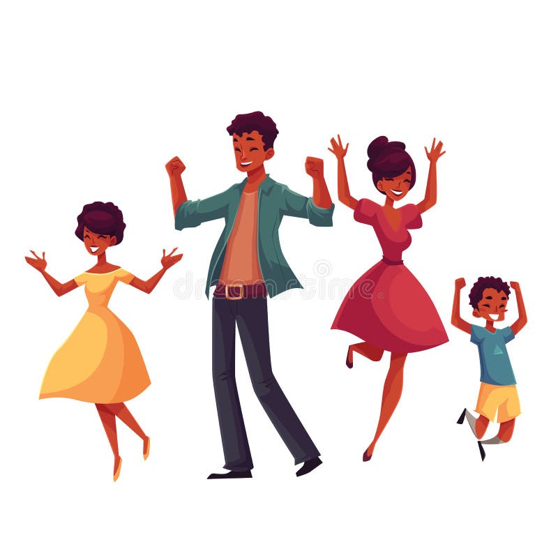 Familia alegre del estilo de la historieta que salta de felicidad