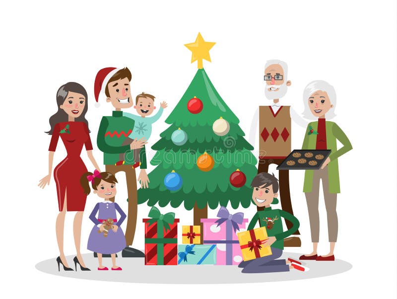 Familia Con El árbol De Navidad Ilustración del Vector - Ilustración de  abuela, vacaciones: 101040429