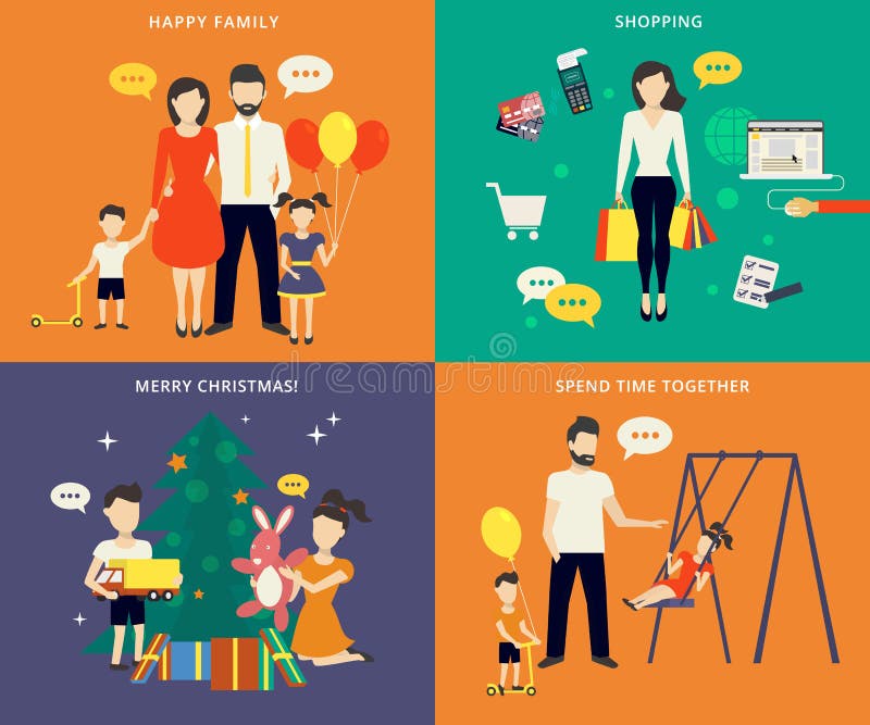 Familia con los iconos planos del concepto de los niños fijados stock de ilustración Familia con los iconos planos del concepto de los niños fijados stock de ilustración
