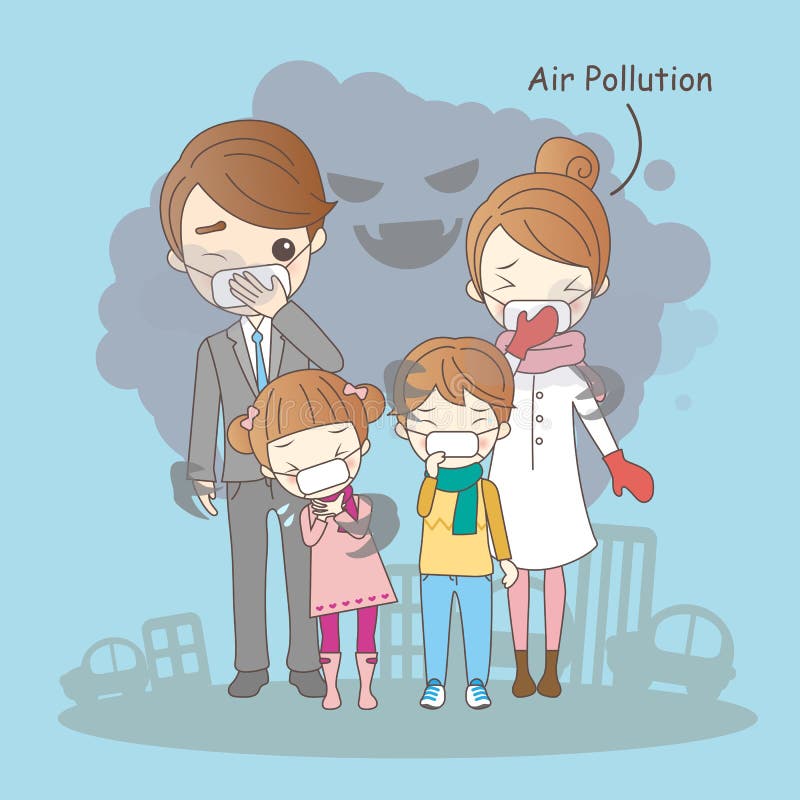 Familia de la historieta con la contaminación atmosférica ilustración del vector Familia de la historieta con la contaminación atmosférica ilustración del vector